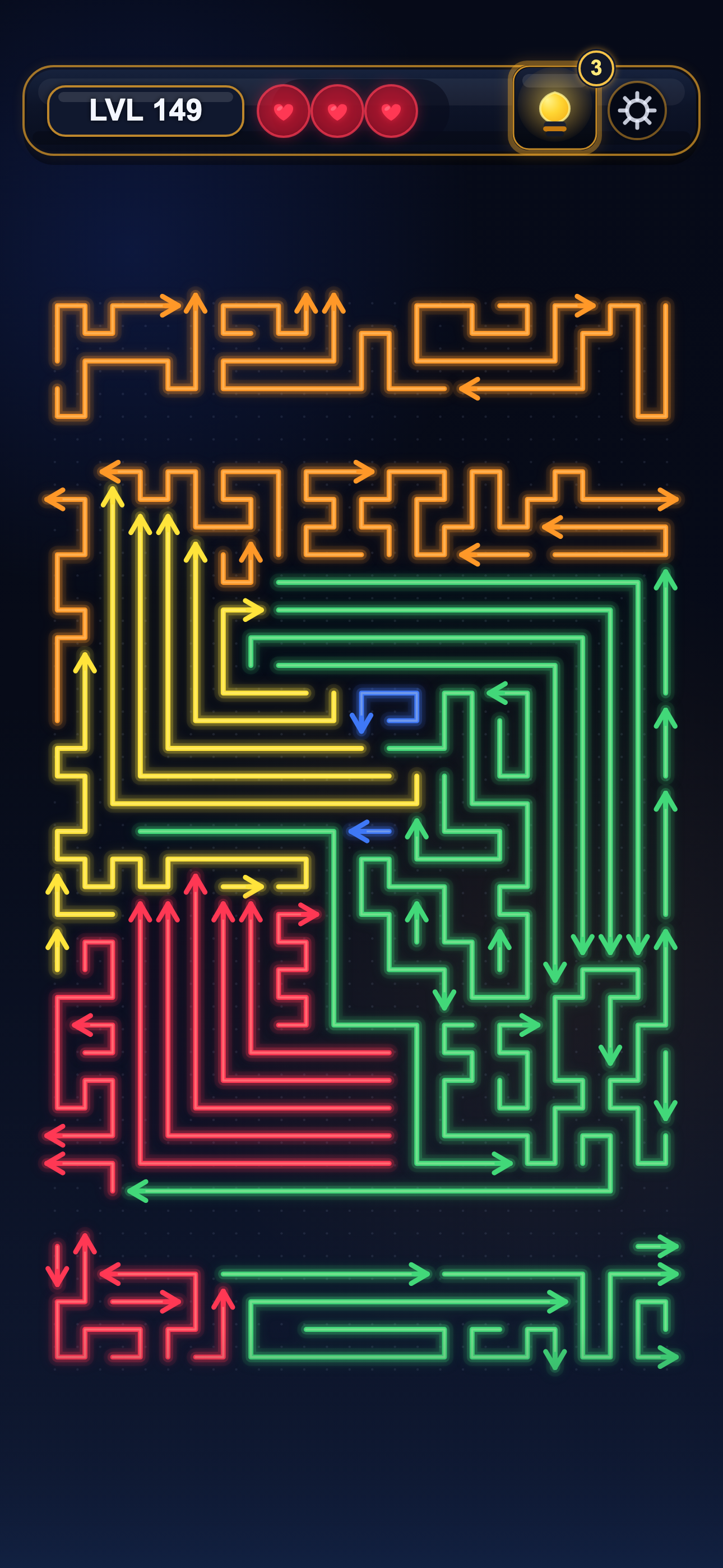 Complex neon arrow puzzle level